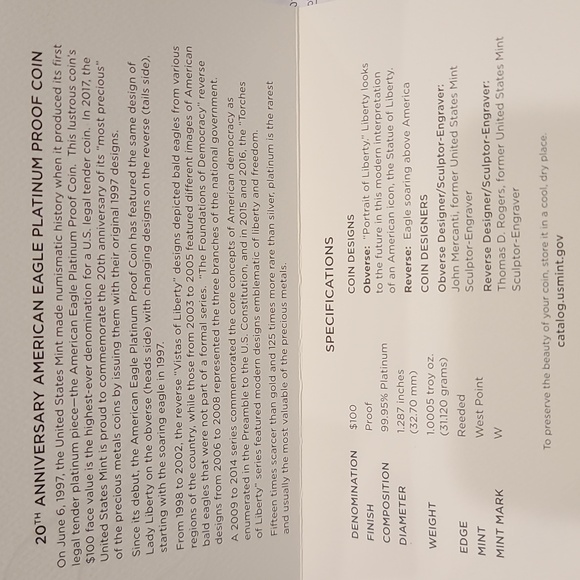 2017 PLATINUM West Point US Mint ANNIVERSARY PROOF 1oz Eagle - Picture 6 of 7